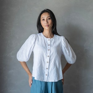 White Puff Sleeve Shirt, Linen Victorian Blouse, Linen White Shirt, Ruffle Blouse, Bell Sleeve Top,Plus Size Tunic,Bishop Sleeve Blouse RUBY