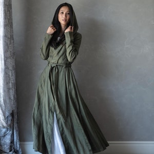 Chaqueta de lino con capucha para mujer, capa de lino verde, abrigo maxi de lino, abrigo largo de princesa de lino, capa medieval de lino GRACE, capa de lino
