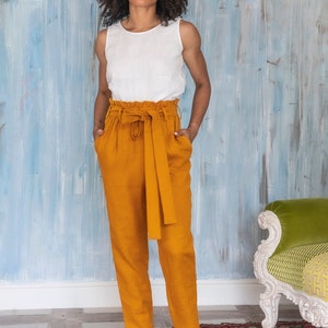 Pantaloni in lino con sacco di carta ALEXA / Pantaloni in lino a vita alta / Pantaloni in lino affusolati