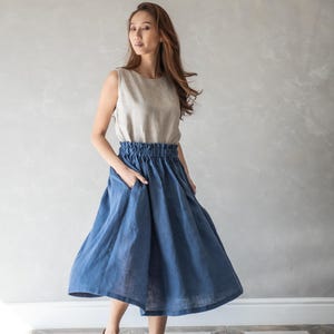 Midi Linen Skirt, Blue Linen Skirt with Pockets, Linen Summer Skirt, Handmade Linen Skirt, Knee Length Linen Skirt AURORA