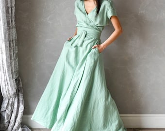 Linen Wrap Dress, Long Maxi Linen Caftan, Summer Swing Dress VALENTINA, Sustainable Linen Clothes