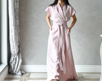 Robe portefeuille longue en lin, Robe kimono en lin, Robe en lin rose, Robe portefeuille féerique, Robe de mariée simple, Robe d'été japonaise HARPER