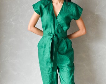 Emerald Green Linen Jumpsuit, Wrap Jumpsuit Women,  Plus Size Linen Overalls, Linen Romper JULY, Kimono Boho Jumpsuit