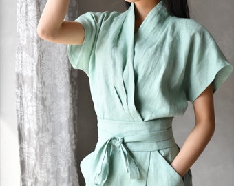 Linen Kimono Dress, Linen Wrap Dress, Linen Summer Dress DAHLIA, Linen Sun Dress, Linen Green Dress