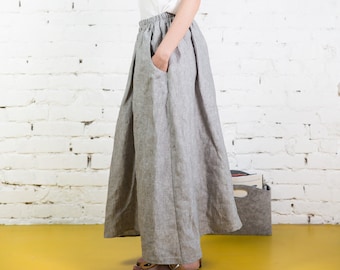 Linen skirt with deep pockets MERIDA / A - line washed linen skirt in red melange/ Midi linen skirt / High waist linen skirt