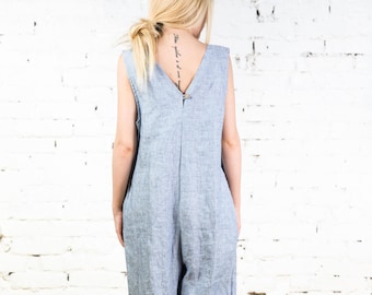 Linen jumpsuit romper ELLA / Japanese linen salopette / Blue overalls for women