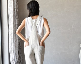 Linen Dungarees Women, Plus Size Linen Jumpsuit, Linen Harem Overalls JUNE, Natural Casual Romper