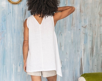 Linen Asymmetrical Top, White Linen Tank Top, Linen Tops for