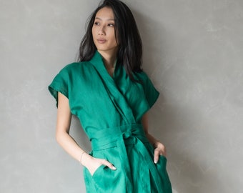 Robe kimono en lin, Robe portefeuille en lin, Vêtements japonais en lin, Robe d'été en lin DAHLIA, Robe soleil en lin, Robe verte en lin