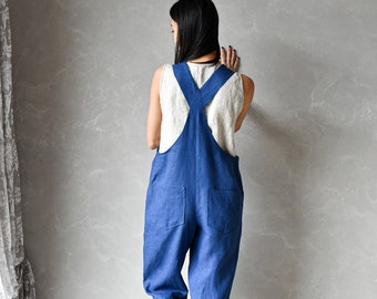 Harem Jumpsuit Linen, Harem Linen Dungarees, Plus Size Lino Overoles JUNIO, Summer Romper Women