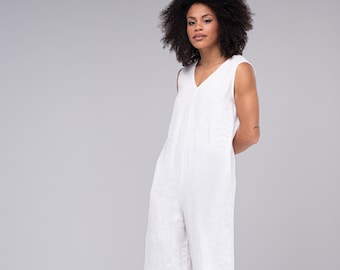 Ärmelloser Jumpsuit aus Leinen ELLA / Leinenlatzhose für Frauen / Weißer Leinen Jumpsuit