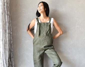 Linen Dungarees, Green Linen Jumpsuit, Plus Size Overalls Women DIDI, Women Linen Jumper, Linen Japanese Clothing