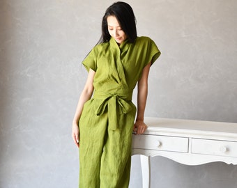 Wrap Linen Jumpsuit, Linen Overalls Women, Long Jumpsuit Women ELOISE, Linen Romper, Linen Japanese Clothing