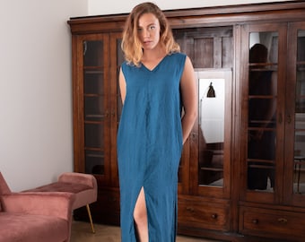 Linen Dress Women SARAH / Summer Linen Dresses / Plus Size Linen Clothing, Size L Color Teal - as pic