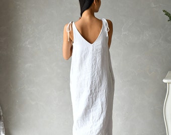 White Linen Dress, Linen Slip Dress, Beach Wedding Dress, Linen Spaghetti Strap Dress, Summer Linen Dress, Simple Linen Dress