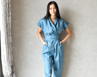 Lin Kimono Salopettes Femmes, Boho Wrap Linen Jumpsuit, Linen Harem Jumpsuit, Summer Blue Jumpsuit ELOISE, Linen Jumpsuits for Women