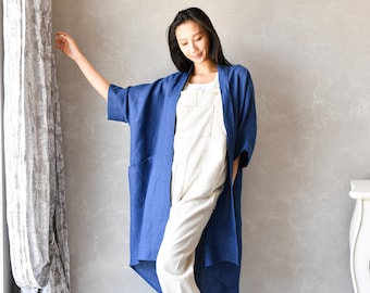 Long Linen Duster, Linen Kimono Jacket, Linen Asymmetric Coat, Oversized Linen Cardigan ODETTE, Plus Size Linen Clothing