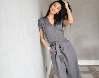 Wrap jumpsuit linnen, grijze romper vrouwen, linnen overalls, Boho jumpsuit voor vrouwen AUGUSTUS, linnen Japanse kleding