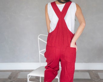 Linen Harem Jumpsuit, Linen Overalls, Linen Dungarees, Red Linen Jumpsuit JUNE, Linen Jumpsuits for Women