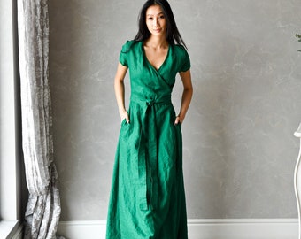 knee length dresses for ladies Buy Pine Green Cotton Linen Deep-V Maxi Tier Dress Online at SeamsFriendly main image 1