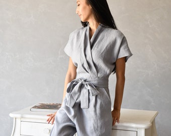 Mono de lino para mujer, mono de lino para mujer, mono japonés envolvente ELOISE, ropa de lino para mujer