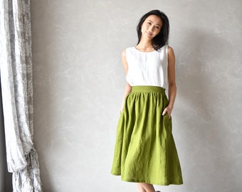 Long Linen Skirt, Linen Maxi Skirt, Linen Circle Skirt, Summer Skirt with pockets  AUBREY, Green Linen Skirt