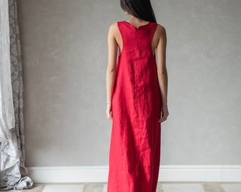 Robe longue en lin, Robe dos nageur en lin, Robe longue d'été sans manches, Robe longue en lin LILLIAN, Vêtements en lin, Robe en lin rouge