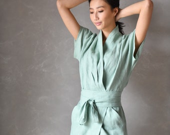 Japanisches Leinenkleid, Wickelkleid aus Leinen, Sommer-Leinenkleid DAHLIA, Leinen Japanische Kleidung