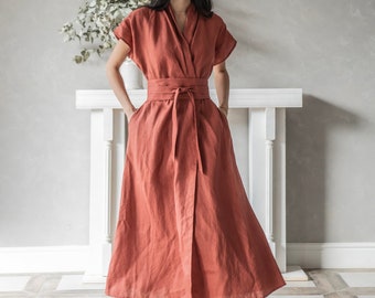 Kimono Wrap Linen Dress, Linen Maxi Dress, Linen Japanese Dress, Summer Linen Dress EILEEN, Linen Medieval Dress, Plus Size Linen Clothing