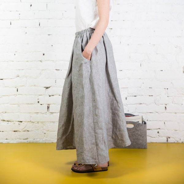 Linen skirt with deep pockets MERIDA / A - line washed linen skirt in red melange/ Midi linen skirt / High waist linen skirt