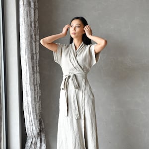 Linen Wrap Dress, Long Kimono Maxi Dress, Linen Summer Dress, Linen Dress with Shawl Collar HARPER, Plus Size Linen Clothing