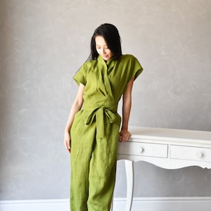 Wrap Linen Jumpsuit, Linen Overalls Women, Long Jumpsuit Women ELOISE, Linen Romper, Linen Japanese Clothing