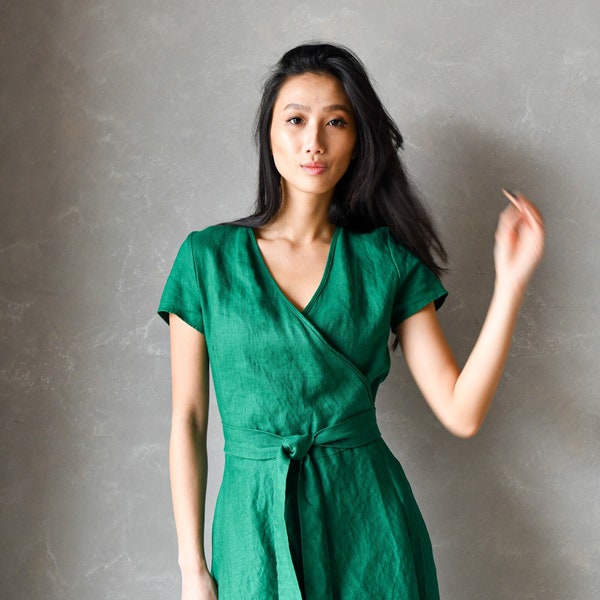 Linen Wrap Dress, Green Linen Dress, Plus Size Linen Clothing, Maxi Linen Dress, Linen Kaftan VALENTINA, Sustainable Clothes