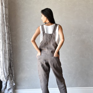 Linen Overalls Women, Harem Linen Dungarees, Linen Jumpsuit Women, Brown Linen Romper DIDI