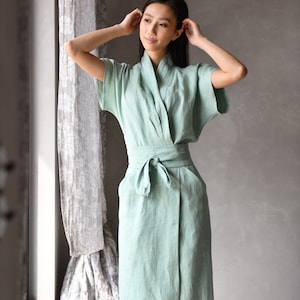 Linen Japanese Dress, Linen Wrap Dress, Summer Linen Dress DAHLIA, Linen Japanese Clothing image 2