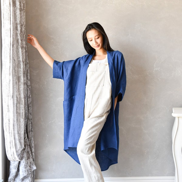 Long Linen Duster, Linen Kimono Jacket, Linen Asymmetric Coat, Oversized Linen Cardigan ODETTE, Plus Size Linen Clothing