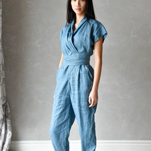 Wrap Jumpsuit Linen, Plus Size Linen Jumpsuit, Harem Linen Overalls, Summer Womens Romper ELOISE, Linen Clothing Women