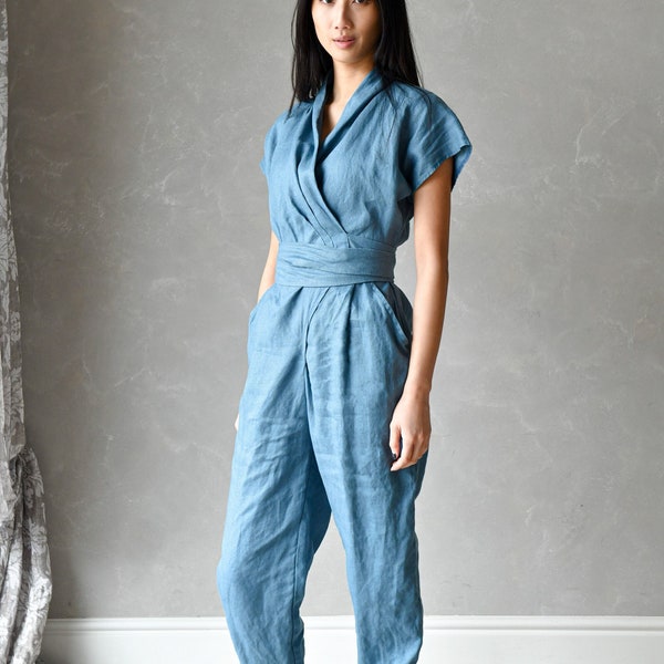 Wrap Jumpsuit Linen, Plus Size Linen Jumpsuit, Harem Linen Overalls, Summer Womens Romper ELOISE, Linen Clothing Women