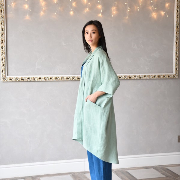 Linen Jacket Women, Plus Size Linen Coat, Linen Kimono Jacket, Linen Cape Coat ODETTE, Long Asymmetrical Jacket