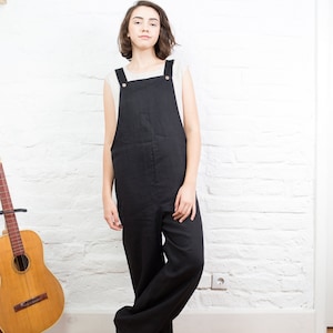 KAIA Black linen jumpsuit with pockets . Harem jumpsuit, linen overalls, linen jumpsuit women
