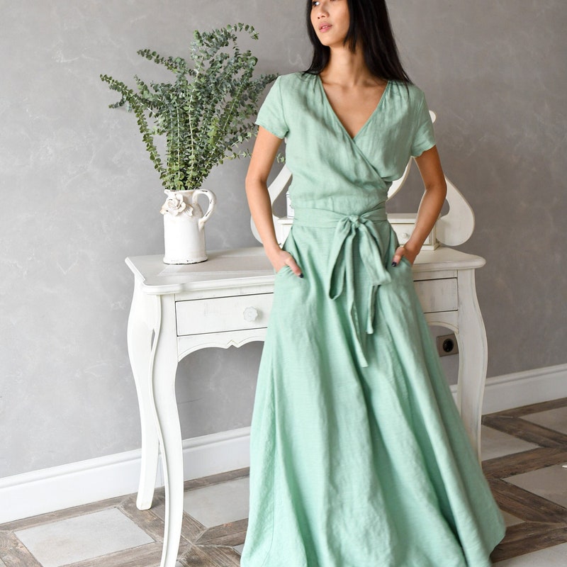 Women's Shirt Dress Cotton Linen Dress Wrap Dress Maxi long Dress