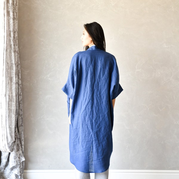 Cache-poussière long en lin, veste kimono en lin, manteau asymétrique en lin, cardigan oversize en lin ODETTE, vêtements en lin grande taille