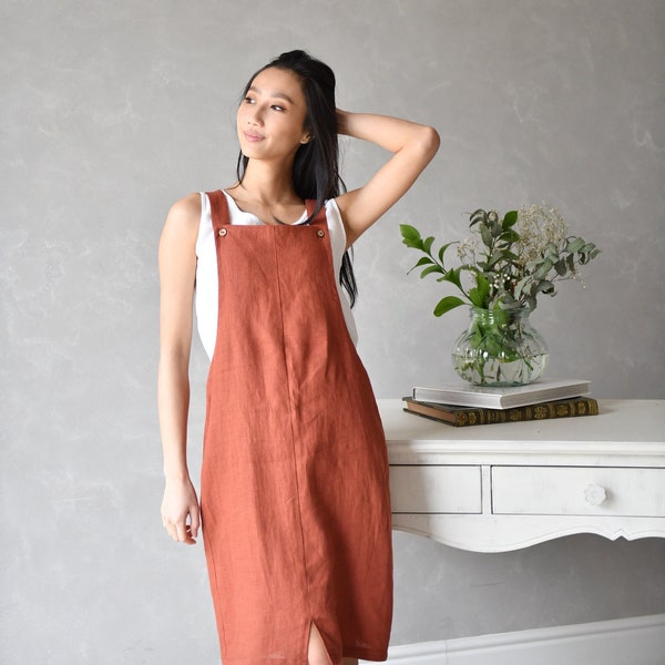 Robe pinafore en lin, robe d'été en lin, robe tablier en lin, robe dos croisé VIOLET, robe tunique en lin