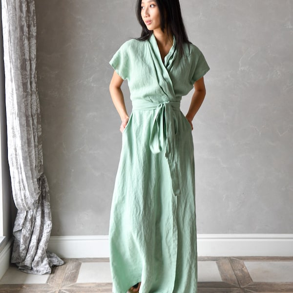 Long Linen Wrap Dress, Beach Wedding Dress, Linen Maxi Dress, Summer Womens Dress with Pockets HARPER, Linen Clothes for Women