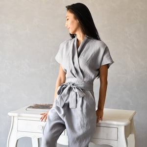 Linen Jumpsuit Women, Linen Overalls Women, Wrap Japanese Jumpsuit ELOISE, Linen Clothing Women image 1