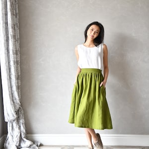 Long Linen Skirt, Linen Maxi Skirt, Linen Circle Skirt, Summer Skirt with pockets  AUBREY, Green Linen Skirt