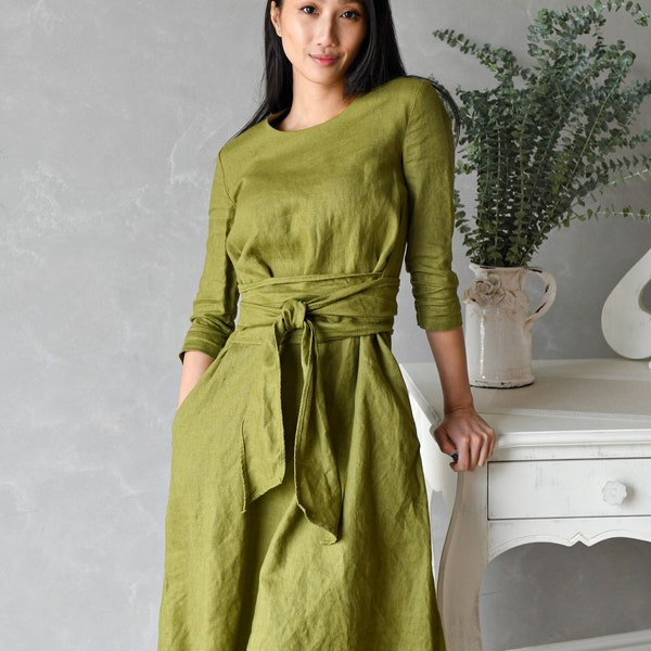 Linen Wrap Dress, Multiway Dress with Pockets, Green Linen Dress, Linen Convertible Dress MIKA, Linen Sustainable Clothes