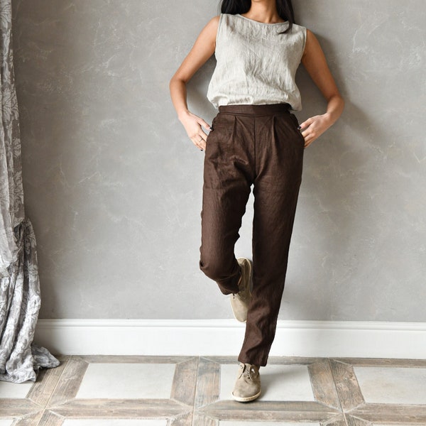 Long Linen Trousers, Casual Linen Pants, High Waist Summer Pants, Women Tapered Pants SABRINA, Japanese Linen Pants