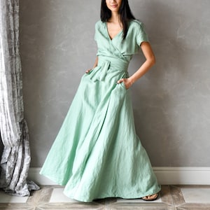 Vestido largo de lino cruzado con vuelo, caftán largo de verano: VALENTINA