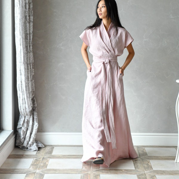 Robe portefeuille longue en lin, Robe kimono en lin, Robe en lin rose, Robe portefeuille féerique, Robe de mariée simple, Robe d'été japonaise HARPER